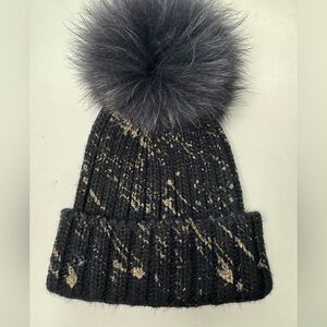 Black Knit Beanie with Faux Fur Pom